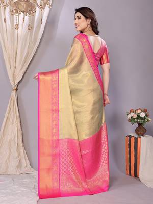 Light blue woven banarasi organza saree with blouse 4