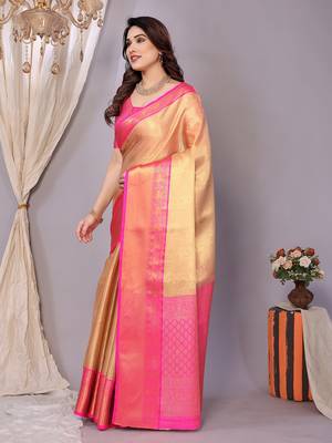Gold woven banarasi organza saree with blouse 2