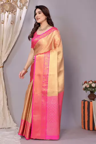 Gold woven banarasi organza saree with blouse