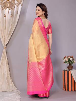 Gold woven banarasi organza saree with blouse 3