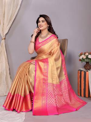 Gold woven banarasi organza saree with blouse 4