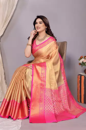 Gold woven banarasi organza saree with blouse