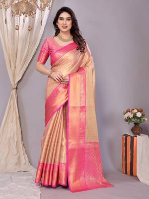 Pink woven banarasi organza saree with blouse 1