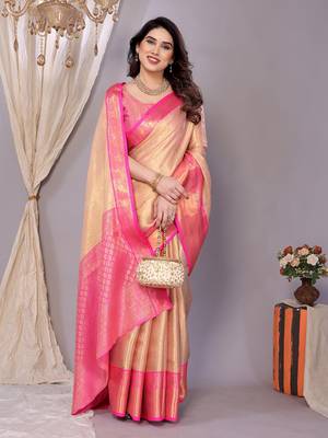 Pink woven banarasi organza saree with blouse 2