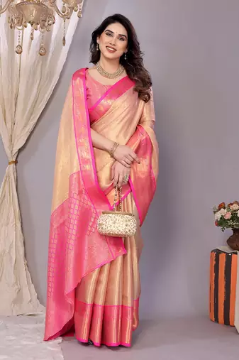 Pink woven banarasi organza saree with blouse