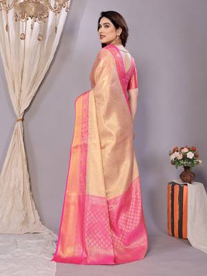 Pink woven banarasi organza saree with blouse 3