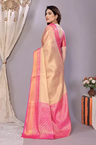 Pink woven banarasi organza saree with blouse