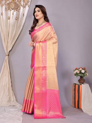 Pink woven banarasi organza saree with blouse 4
