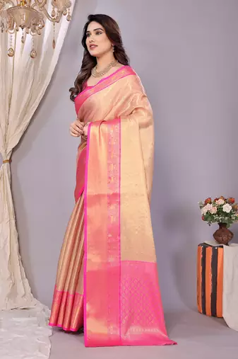 Pink woven banarasi organza saree with blouse