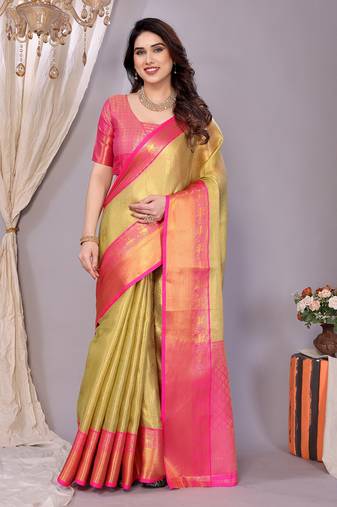 Sea green woven banarasi organza saree with blouse