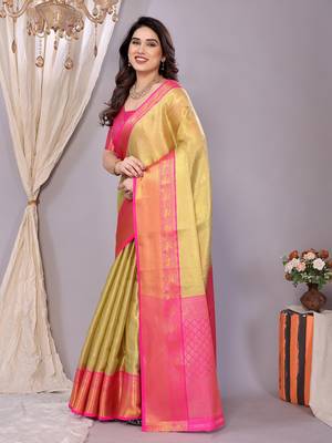 Sea green woven banarasi organza saree with blouse 3