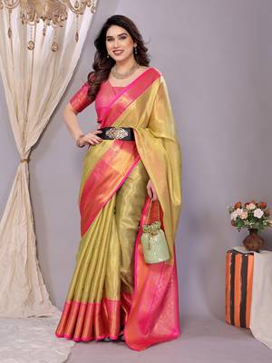Sea green woven banarasi organza saree with blouse 4