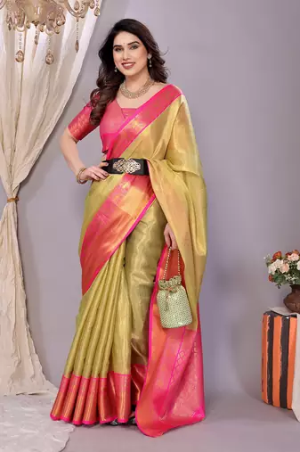 Sea green woven banarasi organza saree with blouse