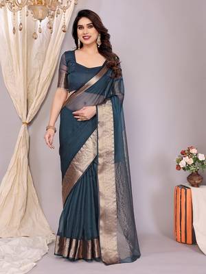 Light blue woven banarasi organza saree with blouse 1