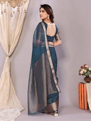 Light blue woven banarasi organza saree with blouse 2