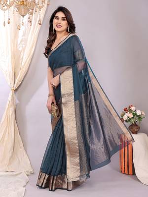 Light blue woven banarasi organza saree with blouse 3