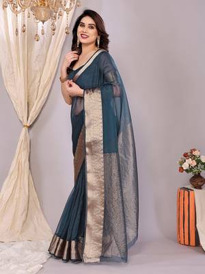 Light blue woven banarasi organza saree with blouse 4