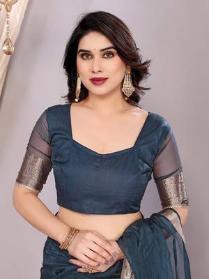 Light blue woven banarasi organza saree with blouse 5