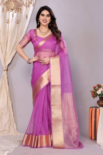 Purple woven banarasi organza saree with blouse