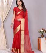 Red woven banarasi organza saree with blouse