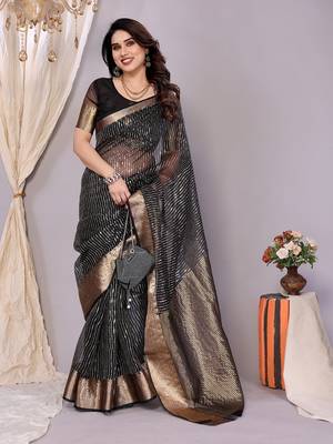 Black woven banarasi organza saree with blouse 1