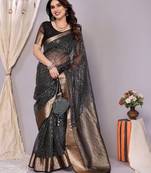 Black woven banarasi organza saree with blouse