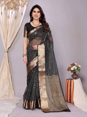 Black woven banarasi organza saree with blouse 2