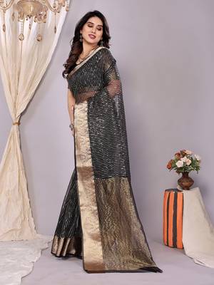 Black woven banarasi organza saree with blouse 3