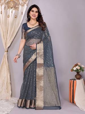 Light blue woven banarasi organza saree with blouse 1