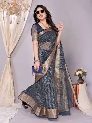 Light blue woven banarasi organza saree with blouse 2