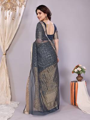Light blue woven banarasi organza saree with blouse 3