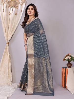 Light blue woven banarasi organza saree with blouse 4