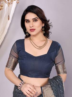 Light blue woven banarasi organza saree with blouse 5