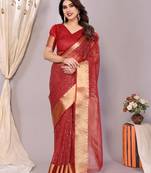Red woven banarasi organza saree with blouse