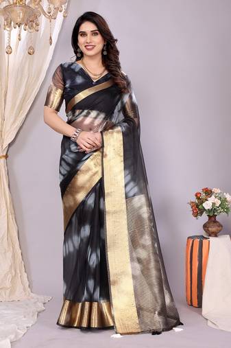 Black woven banarasi organza saree with blouse