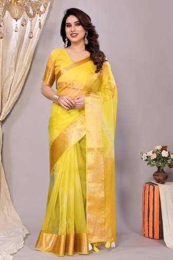 Yellow woven banarasi organza saree with blouse