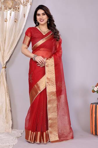 Red woven banarasi organza saree with blouse