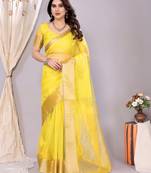 Yellow woven banarasi organza saree with blouse