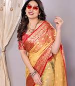 Gold wovenkanchipuram art silk handloom saree with blouse