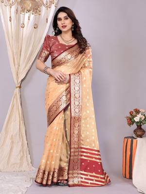 Peach wovenkanchipuram art silk handloom saree with blouse 1