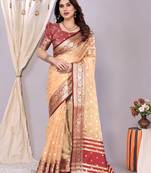 Peach wovenkanchipuram art silk handloom saree with blouse