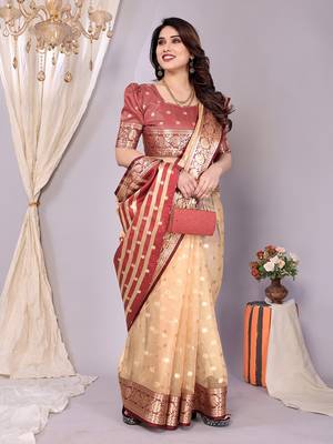Peach wovenkanchipuram art silk handloom saree with blouse 2