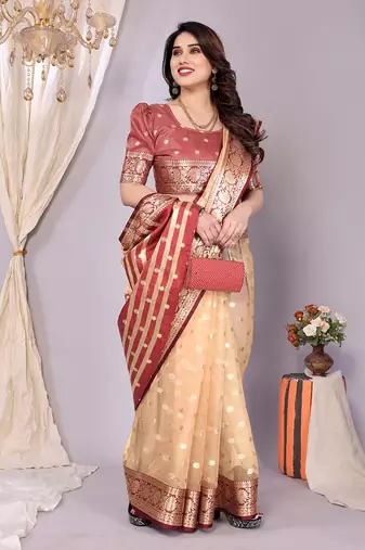 Peach wovenkanchipuram art silk handloom saree with blouse