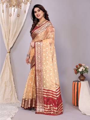 Peach wovenkanchipuram art silk handloom saree with blouse 4