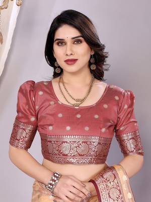 Peach wovenkanchipuram art silk handloom saree with blouse 5