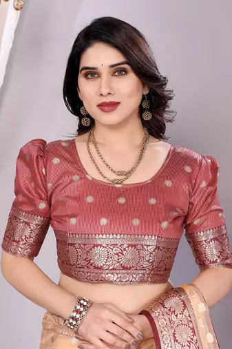 Peach wovenkanchipuram art silk handloom saree with blouse
