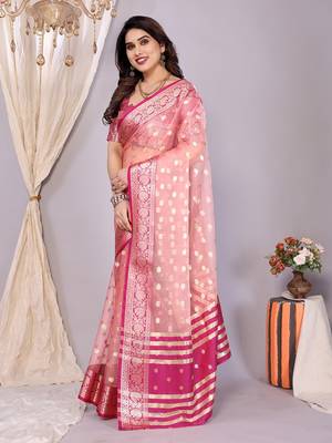 Pink wovenkanchipuram art silk handloom saree with blouse 2