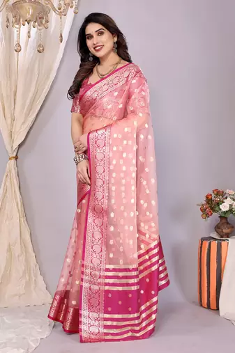 Pink wovenkanchipuram art silk handloom saree with blouse