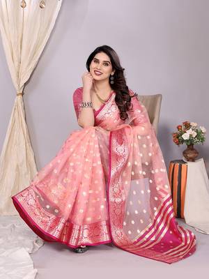 Pink wovenkanchipuram art silk handloom saree with blouse 3