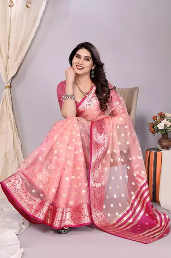 Pink wovenkanchipuram art silk handloom saree with blouse